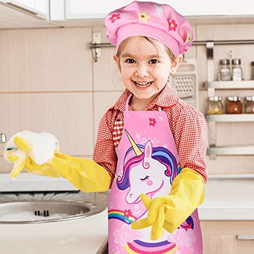 Tacobear Unicornio Juego de Delantales con Gorro de Chef para Niños Delantal y Gorro de Cocinero Disfraz de Chef Ajustable para Niños y Niñas Hornear, Pintar, Jardinería