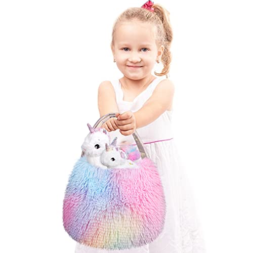 Tacobear Unicornio Peluche con Peluche Unicornio Bolso de Felpa Bebé y Mamá Juego de Roles Unicornio Juguete Regalo Navidad Cumpleaños Unicornio para Niñas 3 4 5 6 7 Años