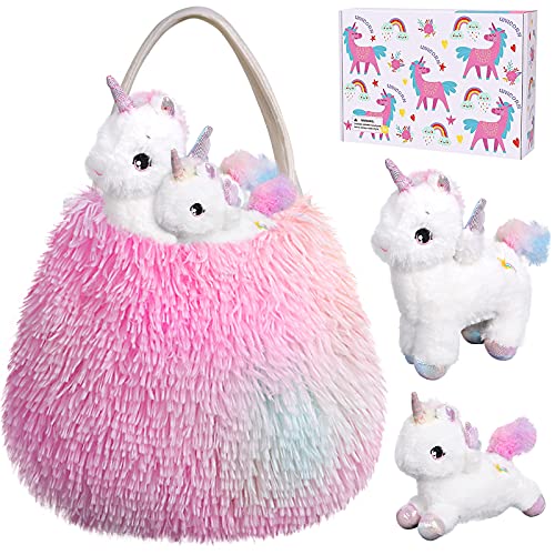 Tacobear Unicornio Peluche con Peluche Unicornio Bolso de Felpa Bebé y Mamá Juego de Roles Unicornio Juguete Regalo Navidad Cumpleaños Unicornio para Niñas 3 4 5 6 7 Años