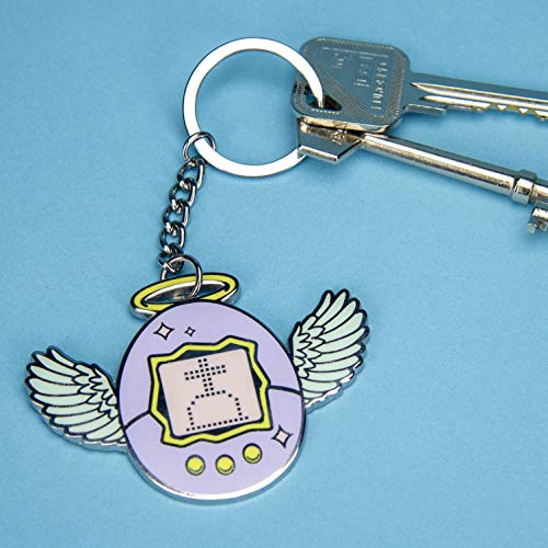 Tamagotchi - Llavero, diseño estampado 100% de metal, color morado y amarillo