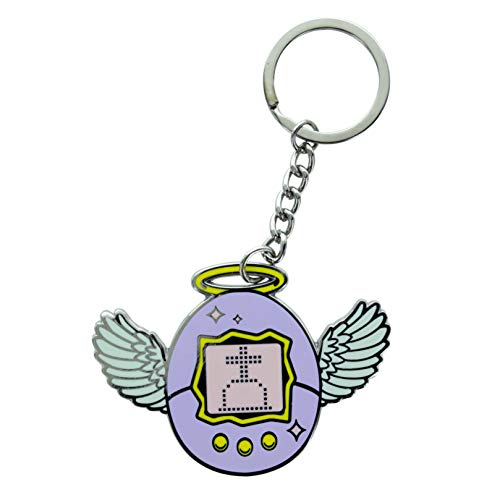 Tamagotchi - Llavero, diseño estampado 100% de metal, color morado y amarillo