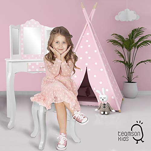 Teamson, Maquillaje niño, Tocador de madera Infantil con Taburete y Espejo, Niña Centro de belleza con cajón, Juguetes educativos niños 3 años, Juego imitación color rosa, (Colorbaby 85388)