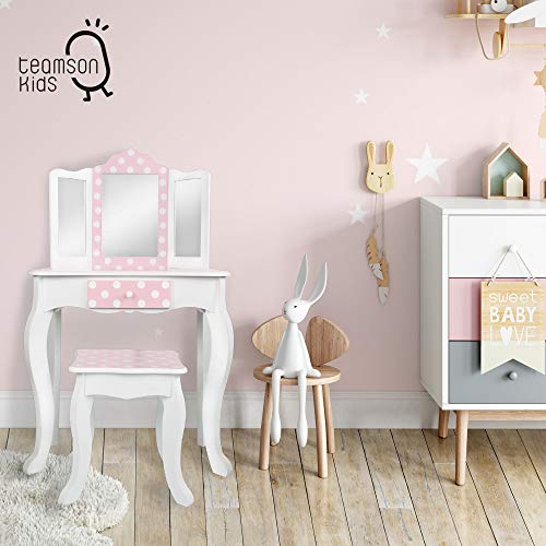 Teamson, Maquillaje niño, Tocador de madera Infantil con Taburete y Espejo, Niña Centro de belleza con cajón, Juguetes educativos niños 3 años, Juego imitación color rosa, (Colorbaby 85388)