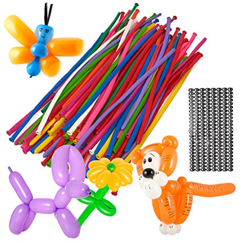 THE TWIDDLERS 103 Piezas Kit de Globos de Modelado - Globoflexia | 100 Globos Largos de Colores, Bomba Manual, Puntos de Pegamento y Pegatinas