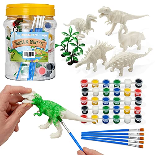 THE TWIDDLERS - Juego de 15 Piezas Pinte Su Kit de Dinosaurio/Dinosaurios Juguetes/Juegos de Pintar 2 a 4 años - Incluye 2 Pinceles más 6 Pinturas