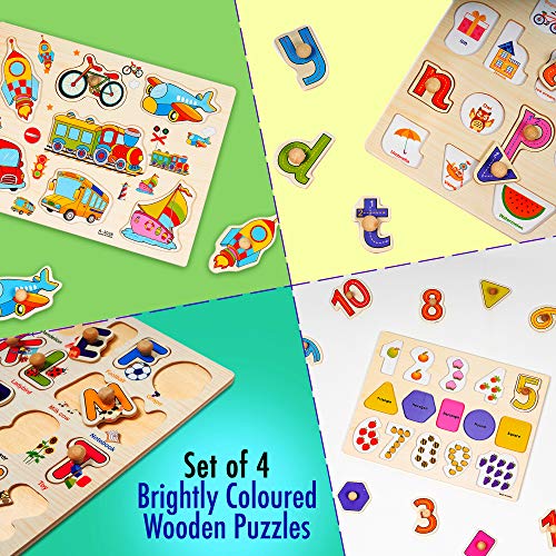 THE TWIDDLERS - Set de 4 Puzzles de Madera Juegos Educativos/Rompecabezas para Niños de 3 años/Multicolor Ideal para Aprendizaje Alfabeto, Números y Medios de Transporte