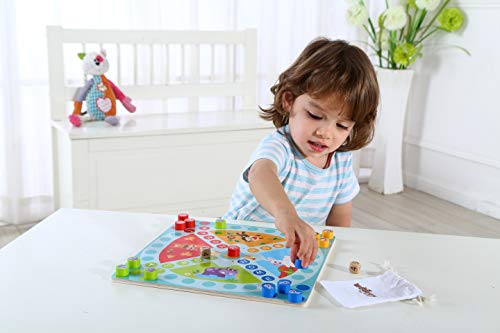 The Wooden Toy Factory - Juego de Mesa de Madera 2 en 1 - Serpientes y Escaleras / Carrera a Casa - Bono: Incluye Bolsa de Transporte para Fichas y Dados