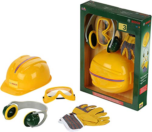 Theo Klein 8537 Set de accesorios Bosch, Guantes de trabajo, gafas de seguridad, orejeras y casco de gran calidad, Con diseño de Bosch, Medidas del embalaje: 30 cm x 38 cm 10 cm,