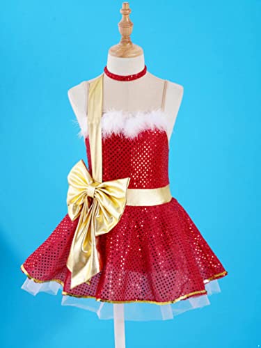 TiaoBug Disfraz de Baile para Niñas Vestido sin Manga de Malla con Lentejuelas y Bowknot Vestido de Bailarina Actuación Disfraz de Fiesta para Navidad Carnaval 3-16 Años Rojo 5-6 años