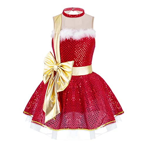 TiaoBug Disfraz de Baile para Niñas Vestido sin Manga de Malla con Lentejuelas y Bowknot Vestido de Bailarina Actuación Disfraz de Fiesta para Navidad Carnaval 3-16 Años Rojo 5-6 años