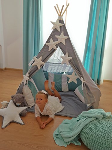 Tienda de campana tipi teepee casa para ninos conjunto de 4 elementos (patrón: estrellas turquesa)