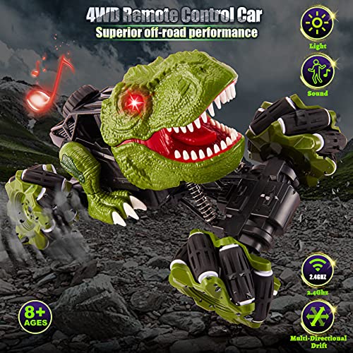 TOEY PLAY Coche Teledirigido Dinosaurios Juguetes, Monstruo RC Coches con 2 Batería Recargable, 360° Rotación, Dinosaurio Control Remoto Vehículos para Niños Niñas