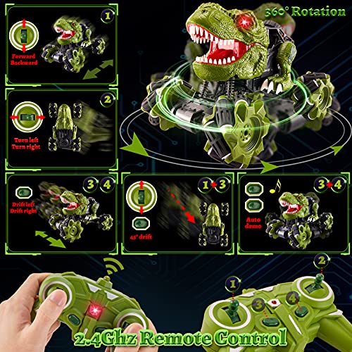 TOEY PLAY Coche Teledirigido Dinosaurios Juguetes, Monstruo RC Coches con 2 Batería Recargable, 360° Rotación, Dinosaurio Control Remoto Vehículos para Niños Niñas