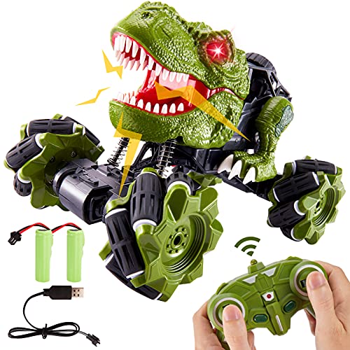 TOEY PLAY Coche Teledirigido Dinosaurios Juguetes, Monstruo RC Coches con 2 Batería Recargable, 360° Rotación, Dinosaurio Control Remoto Vehículos para Niños Niñas