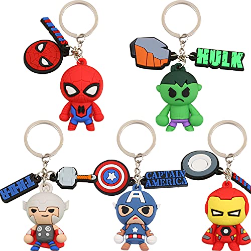 Tomicy Superhéroe The Avengers Llavero Llavero，5 Piezas Superhéroe The Avengers Llavero 3D Colgante Llavero de Goma, Spider-Man Carácter Iron Man Animal de Peluche Hulk Llavero con Llavero