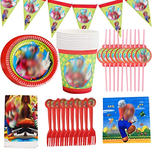 Tomicy Vajilla Diseño de Super Bros 62pcs Reutilizable Accesorio de Decoración de Fiesta de Cumpleaños Apoyo para Celebración Pancarta Platos Vasos Servilletas y Mantel Resistente