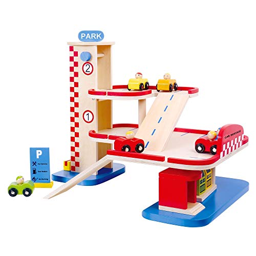 Tooky Toy - Parking y gasolinera de Madera. Juguete Educativo a Partir de 3 años