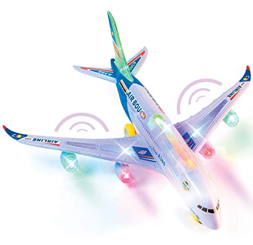 Top Race Airplane Airbus Toy Modelo con hermosas luces intermitentes atractivas y música ruidosa, acción Bump and Go, juguetes para niños niños de 3, 4, 5 y 6 años A380