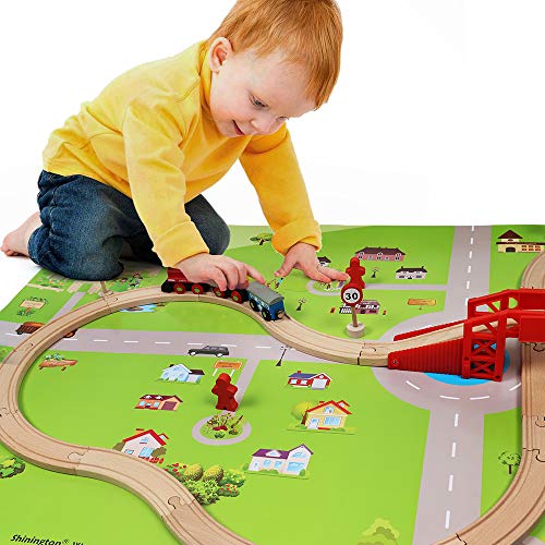 TOWO Circuit Train bois avec plan de la ville - Construction de la voie ferrée de Shinington Construction de bâtiments Jouets pour enfant de 3 ans Garçon Fille voiture train bois Cadeau 3 4 5 ans