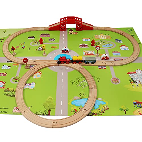 TOWO Circuit Train bois avec plan de la ville - Construction de la voie ferrée de Shinington Construction de bâtiments Jouets pour enfant de 3 ans Garçon Fille voiture train bois Cadeau 3 4 5 ans