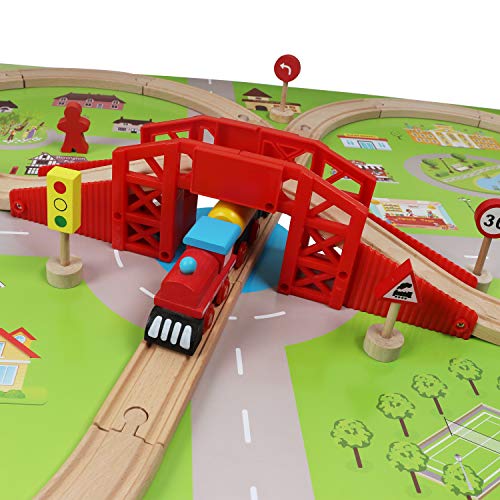 TOWO Circuit Train bois avec plan de la ville - Construction de la voie ferrée de Shinington Construction de bâtiments Jouets pour enfant de 3 ans Garçon Fille voiture train bois Cadeau 3 4 5 ans