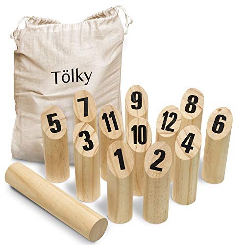 Toyfel Juego de Bolos de Madera Tölky - Bolos finlandeses - Kubb con números - Juego al Aire Libre Juego Madera Juegos Jardin