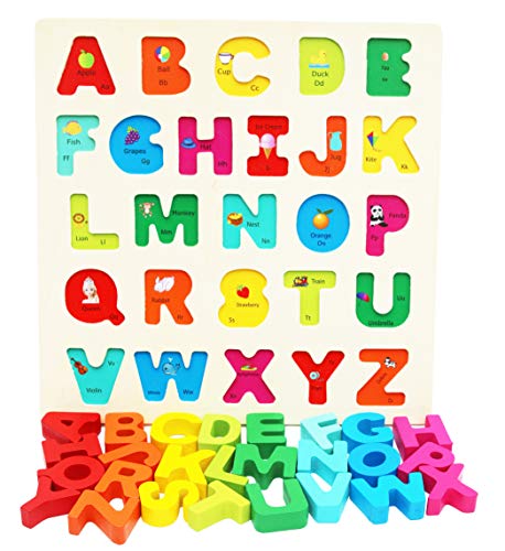 Toys of Wood Oxford TOWO Bloques de Madera del Alfabeto - Bloques de Colores Puzzle Letras Madera - Aprendizaje temprano Juguetes de Madera educativos para bebé