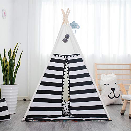 TreeBud - Tienda de campaña para niños con Alfombrilla, Tiendas Indias para Interiores y Exteriores con Cortina a Rayas, pompón, Encaje, Lona, algodón, Tipi con Bolsa de Transporte (Tiras Negras)