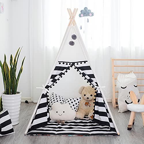 TreeBud - Tienda de campaña para niños con Alfombrilla, Tiendas Indias para Interiores y Exteriores con Cortina a Rayas, pompón, Encaje, Lona, algodón, Tipi con Bolsa de Transporte (Tiras Negras)