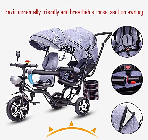 Triciclo Triciclo para niños, triciclo para bebés, triciclo multifuncional de 4 en 1 para niños con gemelos, asiento de doble rotación de seguridad, toldo desmontable, pedal, adecuado para niños de 1