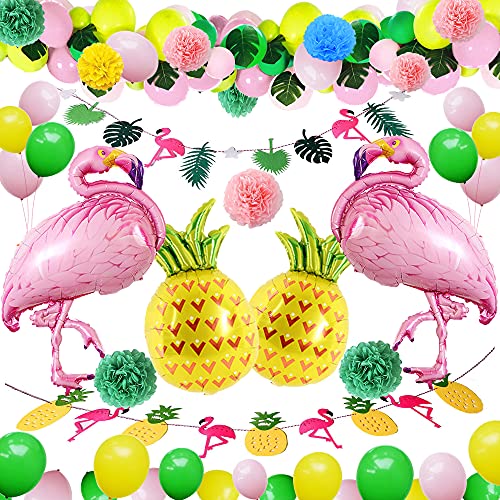 Tropical Flamenco Decoraciones,BIQIQI 54 Piezas Hawaiana Fiesta Globo kit con Flamingo Piña Lámina Globo,Verde Rosa Látex Globo para Verano Playa Piscina Niña Cumpleaños Fiesta Decoración