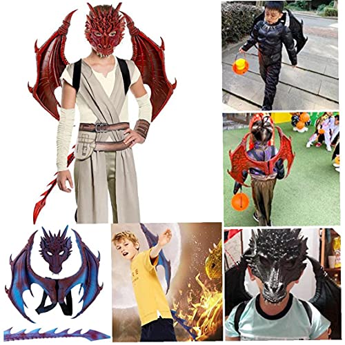 Tuimiyisou Halloween Kids Dragon Wings Disfraz Dinosaur Tail Mask Set Cosplay Costume 3pcs Niños Casas Cubiertas Alas Caspa Cosplay Disfraz Fotos Props Rojo