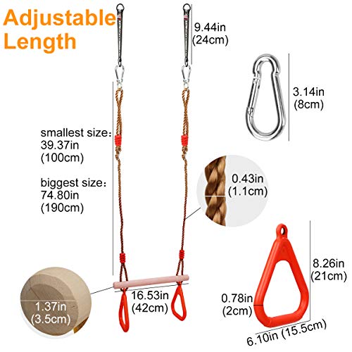 Ulikey Multifunción Columpios de Cadena de Alta Resistencia para Niños, Trapecio con Anillos, Columpio Trapecio de Madera de Árbol para Exterior e Interior de la Gimnasia Soporta hasta 120 kg (Rojo)