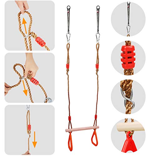 Ulikey Multifunción Columpios de Cadena de Alta Resistencia para Niños, Trapecio con Anillos, Columpio Trapecio de Madera de Árbol para Exterior e Interior de la Gimnasia Soporta hasta 120 kg (Rojo)