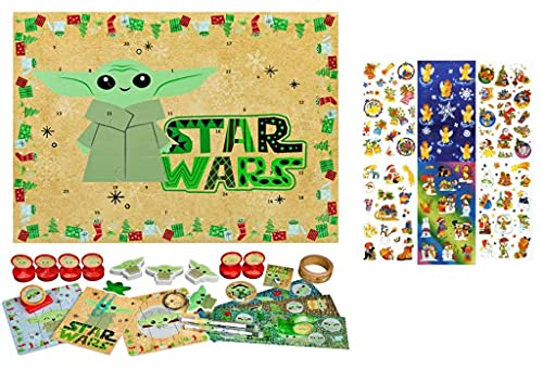 Undercover TCEA8024 - Calendario de Adviento para niños con 24 sorpresas de papelería, diseño de The Child Baby Yoda, aprox. 45 x 32 x 3 cm + juego de 3 pegatinas