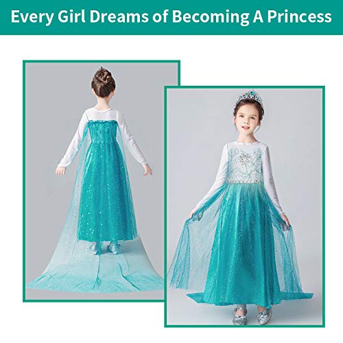 URAQT Vestido de Elsa, Disfraz de Princesa Elsa con Varita Corona Accesorios, Vestido de Cosplay de Niñas para Carnaval, Halloween y la Fiesta de Cumpleaños