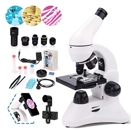 USCAMEL Microscopio 100X-2000X LED Dual Lentes de Vidrio Óptico Microscopios Monoculares de Lab para Niños Estudiantes Adultos Colegio Educación en Casa con Diapositivas, Kits de Ciencia