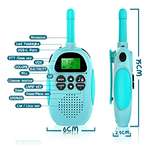 Ushining Walkie Talkie para Niños, Walkie Talkie Recargable con Radio de 2 vías 16 Canales Función VOX 10 Tonos de Llamada LCD Retroiluminado Linterna, Regalo para Niños y Niñas