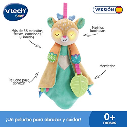 VTech Pradera La Cervatilla, Manta dudú para bebés +3 Meses, mantita con Peluche y chupetero, Incluye mordedor, estimulación táctil, relajación, Color marrón, versión ESP, (3480-536522)