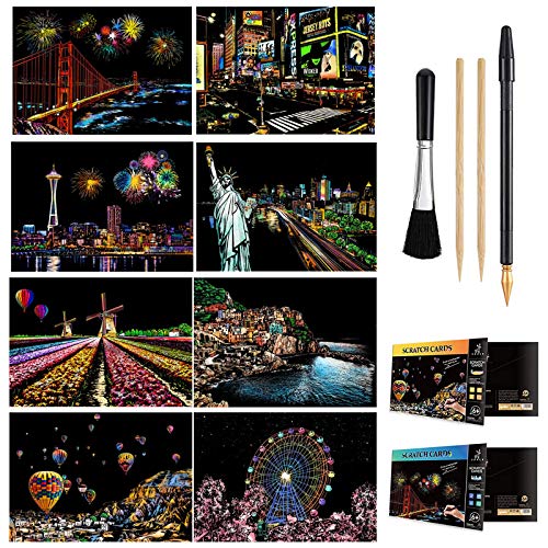 Wbeng Scratch & Sketch Art Paper A4 para niños y Adultos, Rainbow Painting Night View Art & Craft, 8 Hojas de Scratch Cards y Scratch Drawing Pen, Clean Brush (U.S.A+Europe)