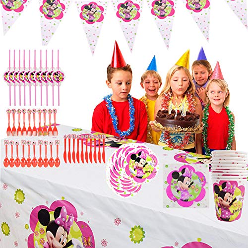 WENTS Set de Fiesta de cumpleaños de Minnie 91PCS Disney Minnie Mouse Party Decoration Set Platos Tazas Servilletas Pack de Fiesta reciclable Minnie Mantel Sirve para 10 Invitados