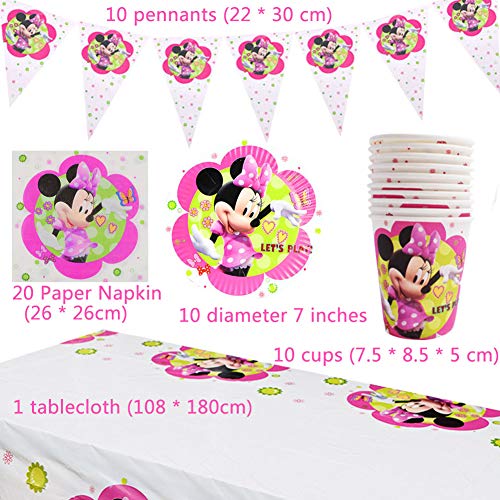 WENTS Set de Fiesta de cumpleaños de Minnie 91PCS Disney Minnie Mouse Party Decoration Set Platos Tazas Servilletas Pack de Fiesta reciclable Minnie Mantel Sirve para 10 Invitados