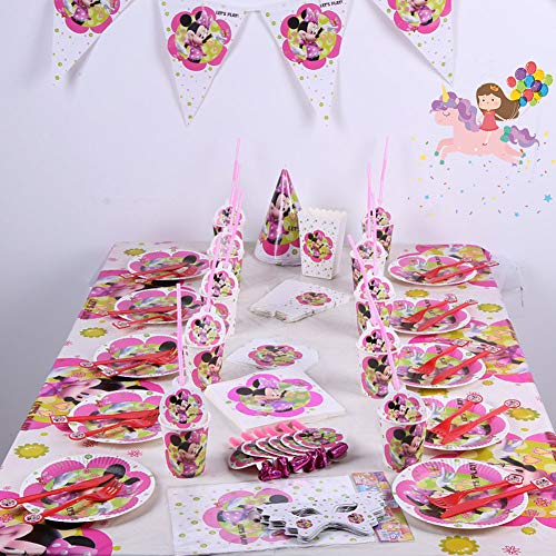 WENTS Set de Fiesta de cumpleaños de Minnie 91PCS Disney Minnie Mouse Party Decoration Set Platos Tazas Servilletas Pack de Fiesta reciclable Minnie Mantel Sirve para 10 Invitados