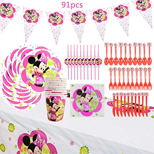 WENTS Set de Fiesta de cumpleaños de Minnie 91PCS Disney Minnie Mouse Party Decoration Set Platos Tazas Servilletas Pack de Fiesta reciclable Minnie Mantel Sirve para 10 Invitados