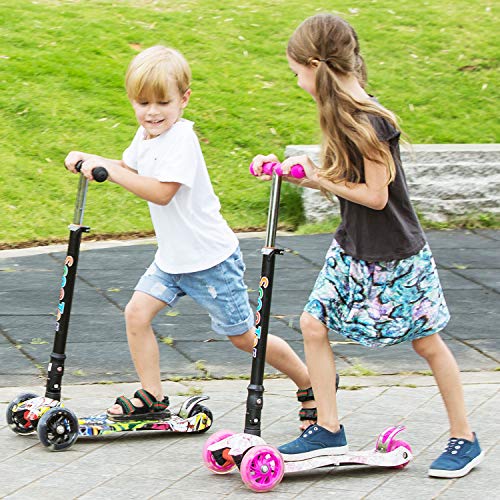 WeSkate - Patinete Niños Patinete de 3 Ruedas Plegables con Ruedas Luminosas y Manillar Ajustables para Niños y Niñas de 4 a 12 Años Multicolor e Impreso (Negro)