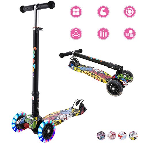 WeSkate - Patinete Niños Patinete de 3 Ruedas Plegables con Ruedas Luminosas y Manillar Ajustables para Niños y Niñas de 4 a 12 Años Multicolor e Impreso (Negro)