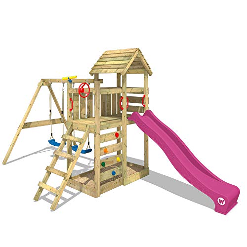 WICKEY Parque infantil de madera MultiFlyer con columpio y tobogán Violeta, Torre de escalada de exterior con techo, arenero y escalera para niños