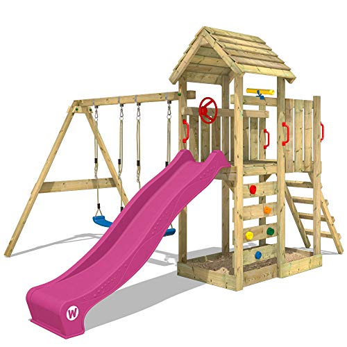 WICKEY Parque infantil de madera MultiFlyer con columpio y tobogán Violeta, Torre de escalada de exterior con techo, arenero y escalera para niños