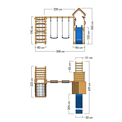 WICKEY Parque infantil de madera RocketFlyer con columpio y tobogán verde, Torre de escalada de exterior con arenero y escalera para niños