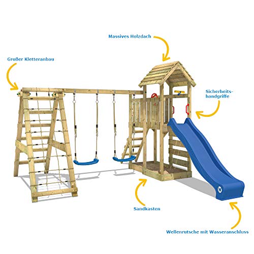 WICKEY Parque infantil de madera RocketFlyer con columpio y tobogán verde, Torre de escalada de exterior con arenero y escalera para niños